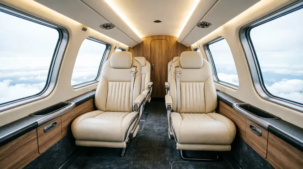 Luxury leather helicopter interior with panoramic windows